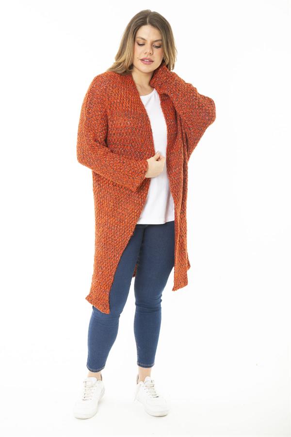 Kadın Büyük Beden Oranj Kalın Triko Hırka 65N37168