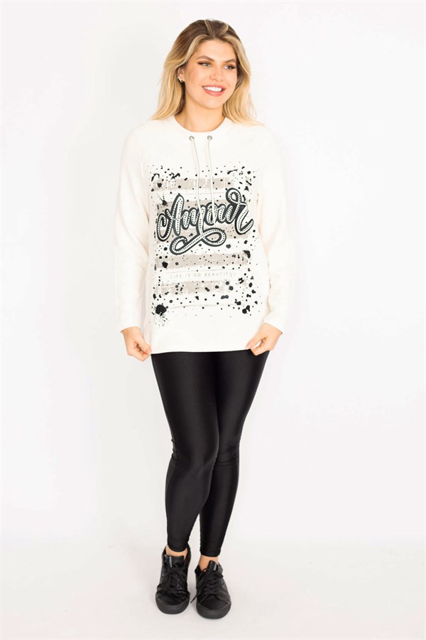 Kadın Kemik Yakası Kuşgözü Bağcıklı Taş Ve Baskı Detaylı Sweatshirt 65N34993