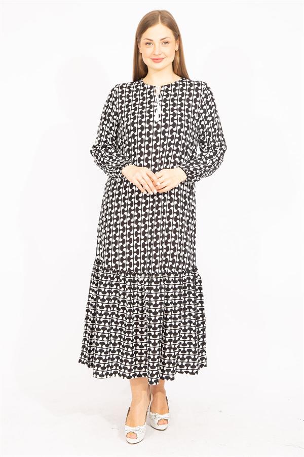 Kadın Siyah Dokuma Viskon Kumaş Etek Ucu Katlı Uzun Kollu Elbise 65N35513