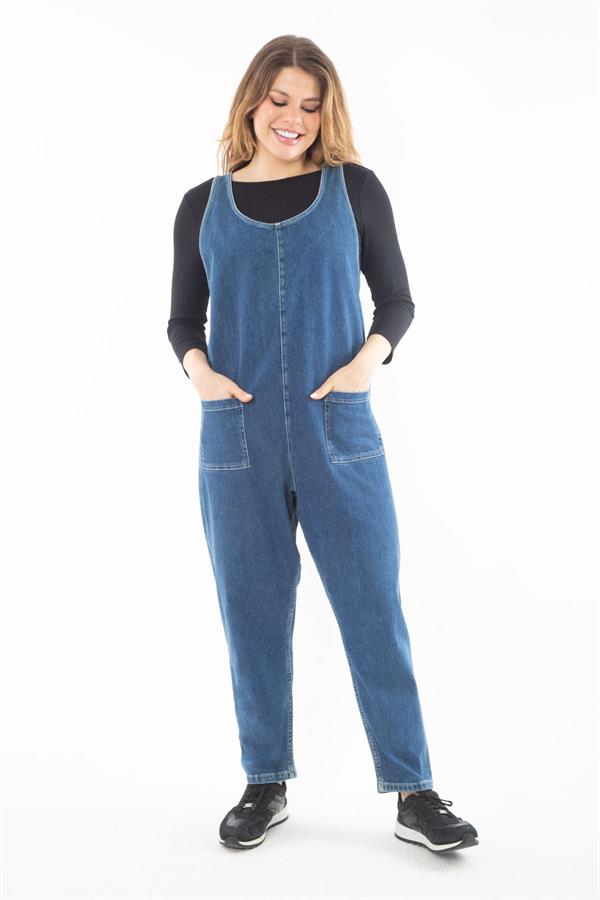 Kadın Büyük Beden Mavi V Yakalı Cepli Kot Tulum 65N37321