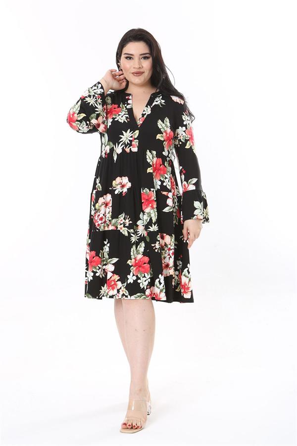 Kadın Büyük Beden Siyah V Yakalı Uzun Kollu Katlı Elbise 65N37944