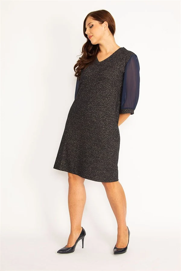 Kadın Gri Sim Detaylı Kolları Şifon Elbise 65N34746