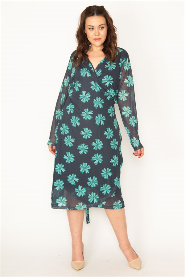 KADIN SİYAH KOLLARI TÜL BEDENİ ASTARLI KUŞAK BAĞLAMALI ÖNÜ AÇIK ANVELOP ELBİSE