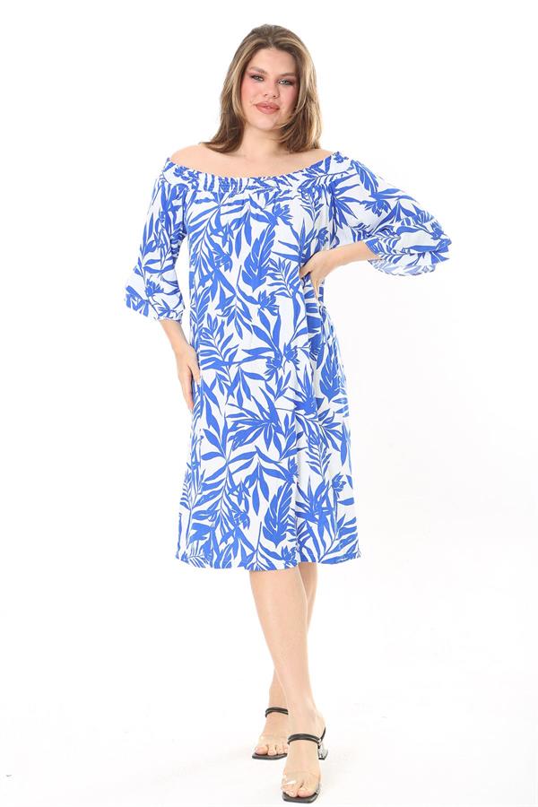 Kadın Mavi Yakası Lastik Detaylı Dokuma Viskon Kumaş Elbise 65N37864