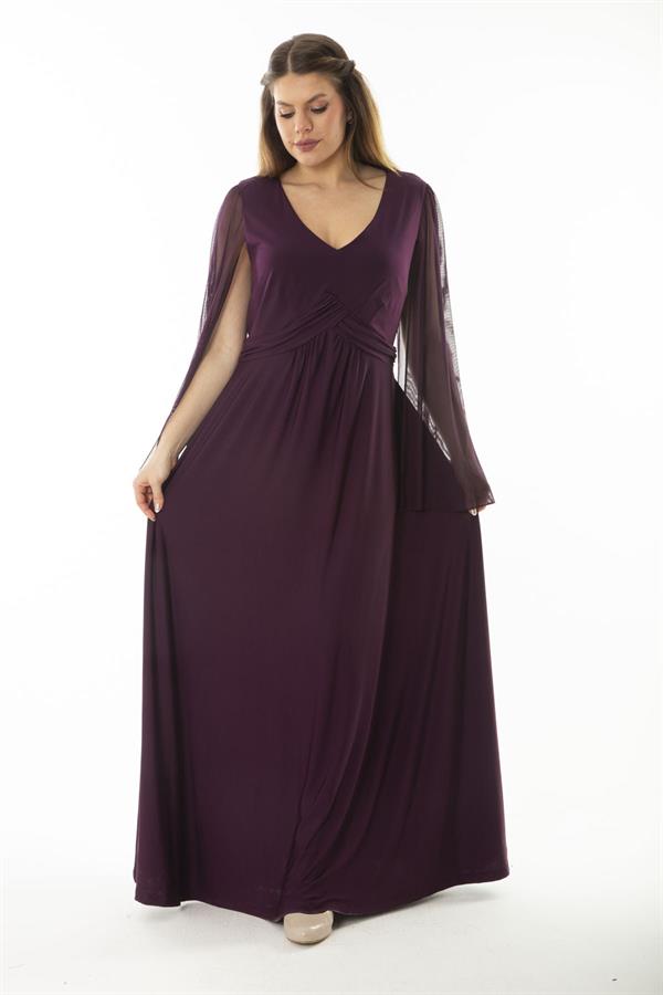 Kadın Büyük Beden Lacivert Bel Detaylı Kolları Tül Abiye Elbise 65N37065