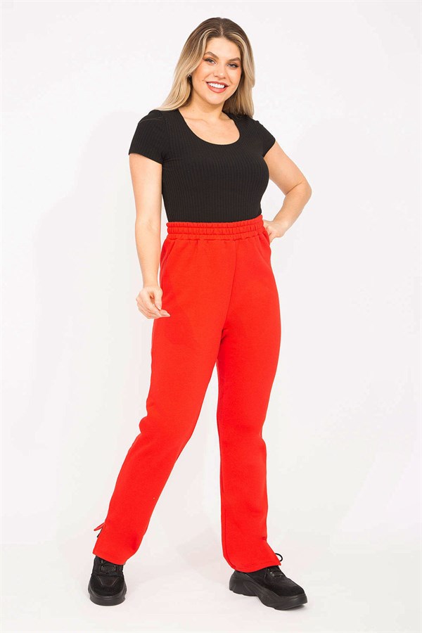 Kadın Kırmızı 3 İplik Polar İçi Şardonlu  Paçası Yırtmaçlı Eşofman Alt 65N35273