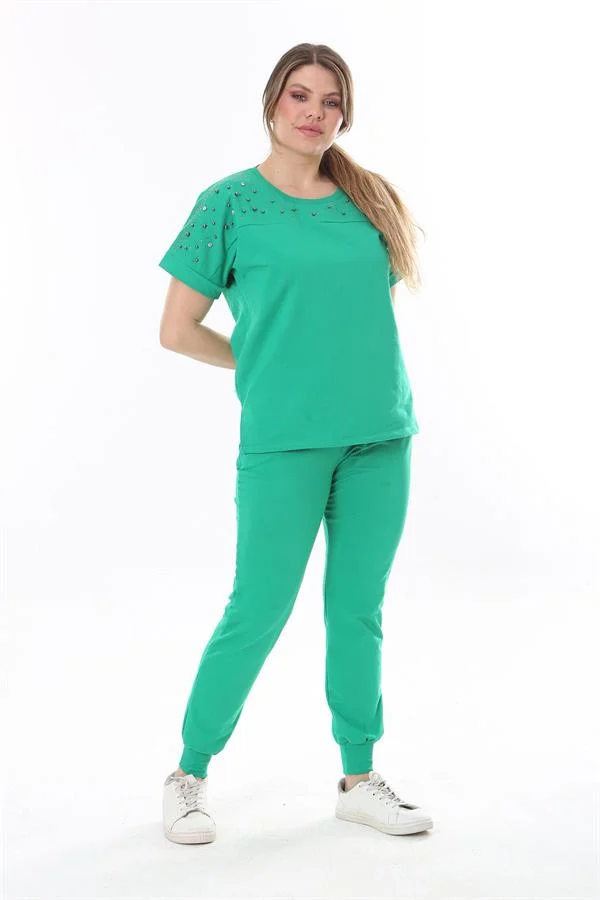 Kadın Büyük Beden Saks Taş Detaylı Kısa Kollu Sweatshirt Pantolon Takım 65N37702