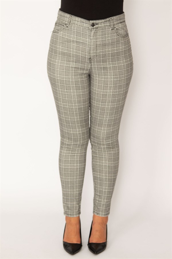 Kadın Gri Ekose Desenli 5 Cepli Pantolon