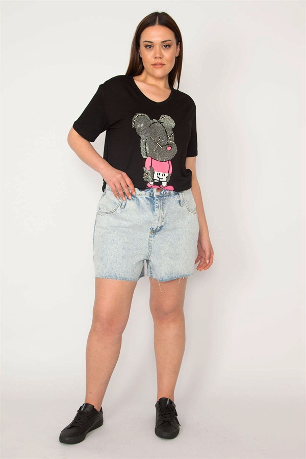 KADIN MAVİ YIKAMA EFEKTLİ PAÇASI PİS DİKİŞLİ JEAN ŞORT