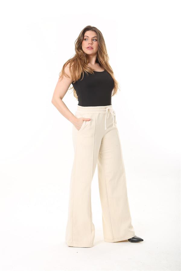 Kadın Büyük Beden Bej İçi Şardonlu Üç İplik Beli Lastik Ve Bağcıklı Eşofman Alt 65N37480