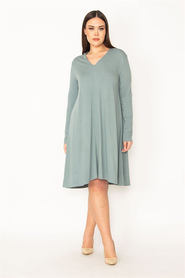 Kadın Lacivert V Yakalı Uzun Kollu Elbise 65N34945