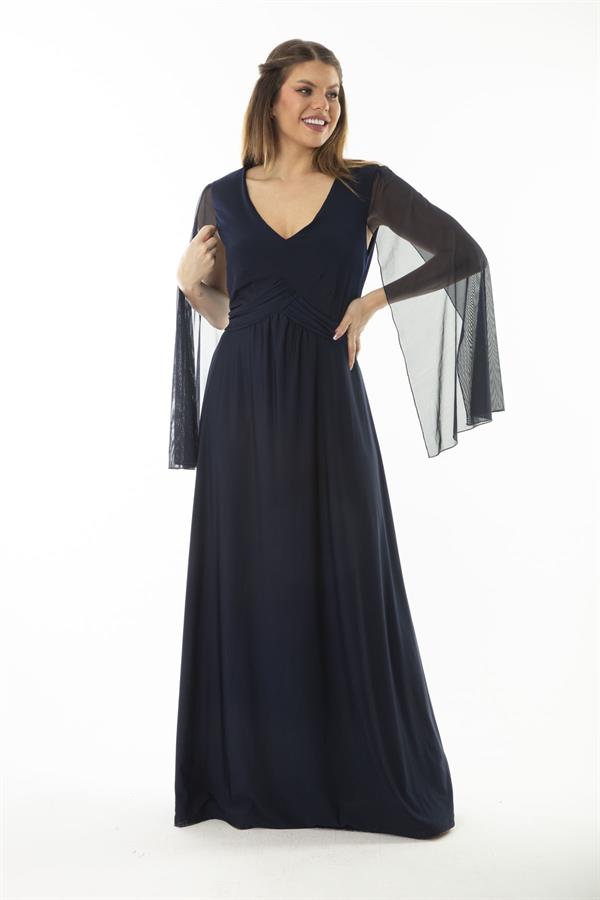 Kadın Büyük Beden Lacivert Bel Detaylı Kolları Tül Abiye Elbise 65N37065