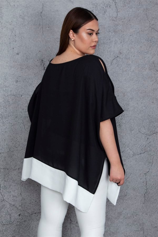 Kadın Siyah Omuz Dekolteli Etek Ucu Bantlı Şifon Tunik 65N25562