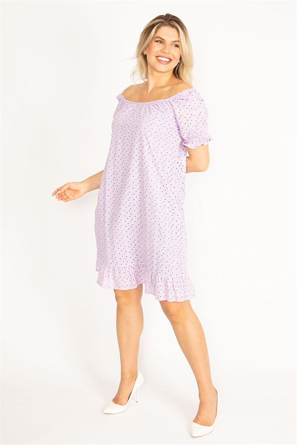 Delikiş Nakışlı Dokuma Viskon Kumaş Astarlı Yaka Ve Kol Ağzı Lastikli Etek Ucu Katlı Elbise