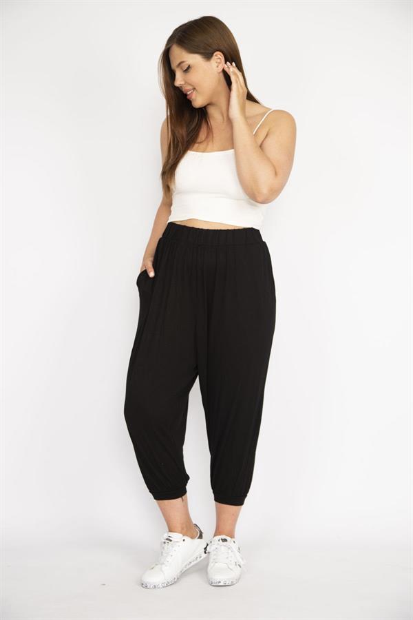Kadın Büyük Beden Siyah Paça Ribanalı Rahat Kesim Yan Cepli Eşofman Alt