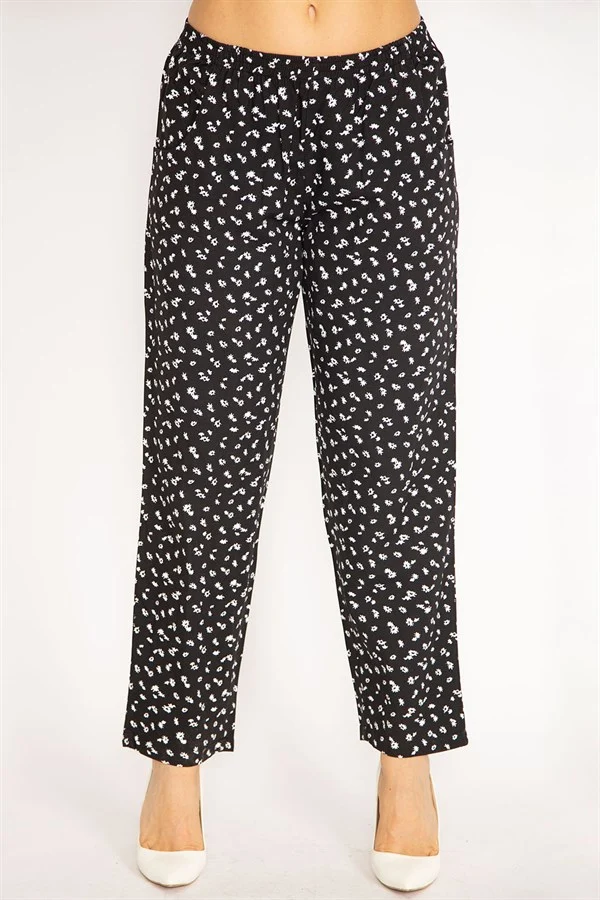Kadın Siyah Beli Lastikli Çiçek Desenli Cepli Pantolon 65N34677