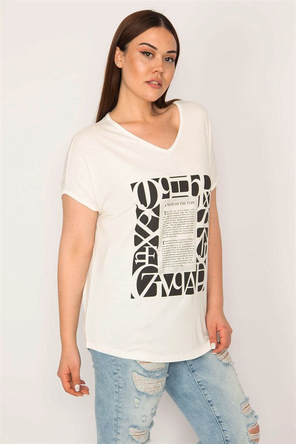 KADIN KEMİK V YAKALI ÖNÜ BASKI VE TAŞ DETAYLI KISA KOLLU BLUZ