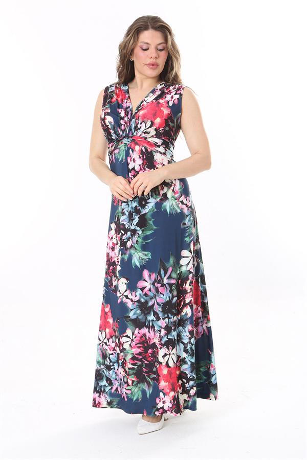 Kadın Büyük Beden Renkli Göğüs Büzgü Detaylı Kuşaklı Elbise 65N37966