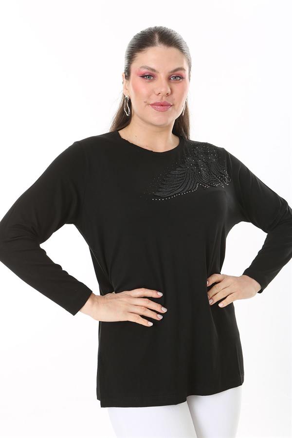 Kadın Büyük Beden Siyah Aplike Dantel Ve Taş Detaylı Uzun Kollu Bluz 65N37688