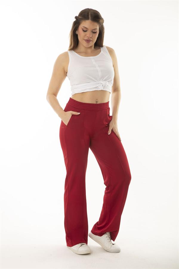 Kadın Büyük Beden Bordo Yan Cepli Beli Lastikli Geniş Paçalı Eşofman Alt 65N37055