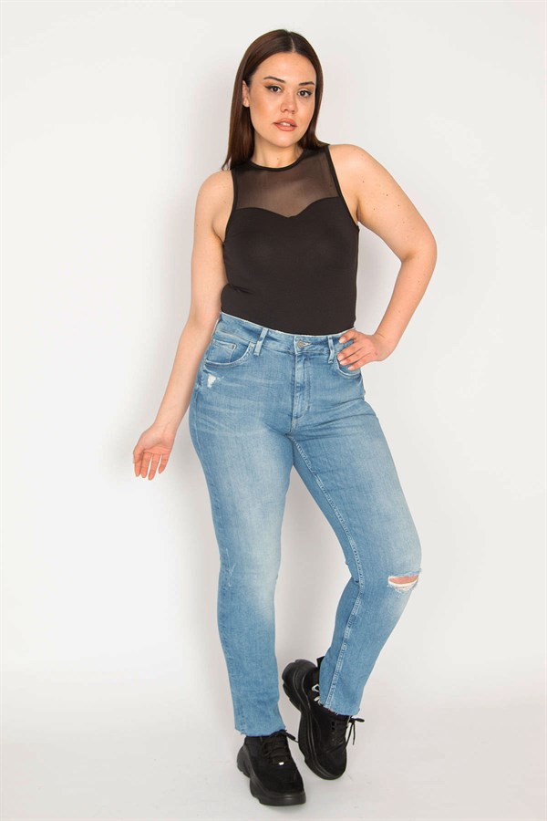 KADIN MAVİ YIRTIK DETAYLI YIKAMA SKİNNY JEAN PANTOLON
