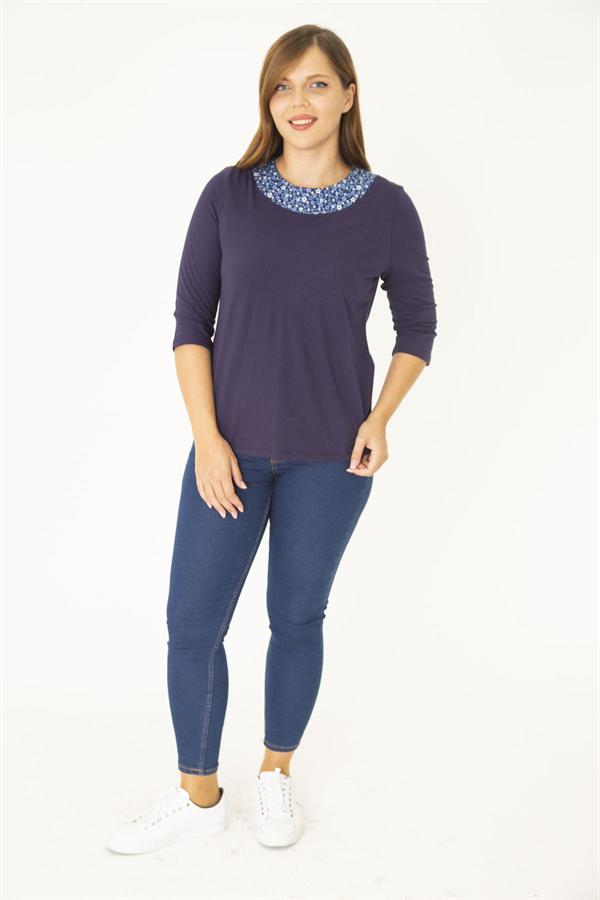 Kadın Büyük Beden Lacivert Pamuklu Kumaş Yaka Detaylı Bluz 65N36964