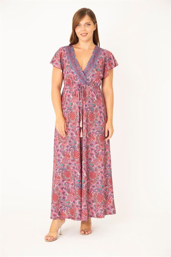 Kadın Büyük Beden Renkli Anvelop Yakalı Bel Bağcıklı Elbise 65N36878