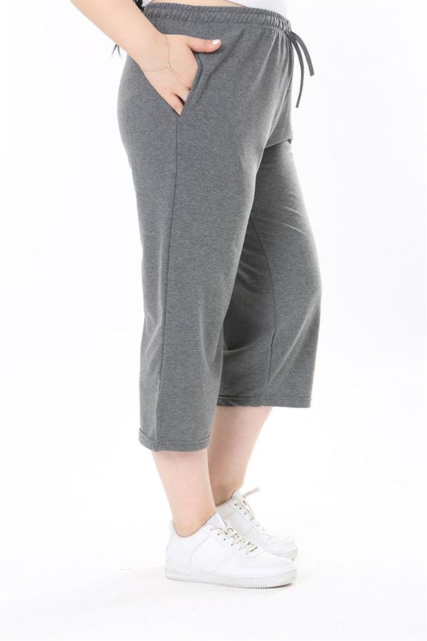 Kadın Büyük Beden Gri Beli Lastikli Eşofman Kapri 65N37977
