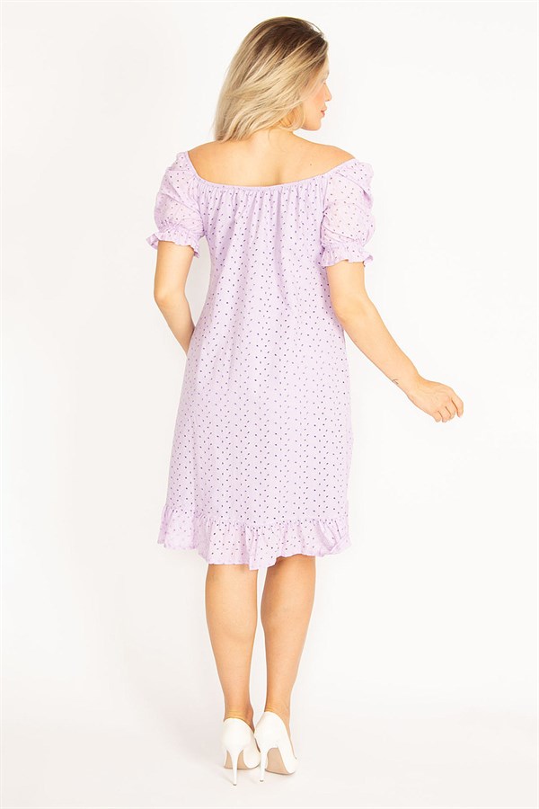 Delikiş Nakışlı Dokuma Viskon Kumaş Astarlı Yaka Ve Kol Ağzı Lastikli Etek Ucu Katlı Elbise