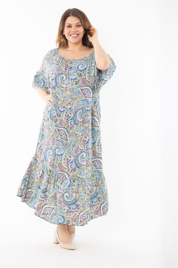 Kadın Büyük Beden Renkli Yaka Lastikli Dokuma Viskon Kumaş Katlı Elbise 65N37349