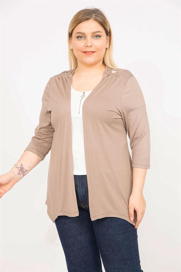 Kadın Vizon Büyük Beden Sırtı Dantel Detaylı Kapri Kollu Hırka 65N35780