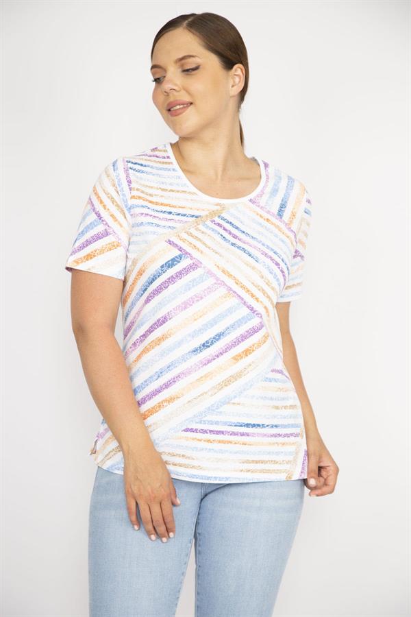 Kadın Renkli Büyük Beden Pamuklu Kumaş Bisiklet Yakalı Kısa Kollu Bluz