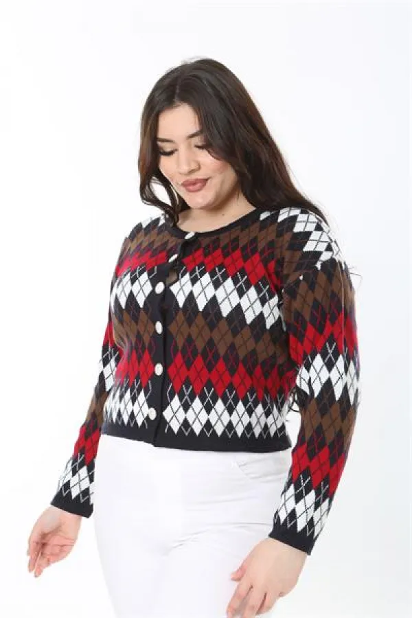 Kadın Büyük Beden Lacivert Baklava Desen Ön Düğmeli Triko Hırka 65N38863