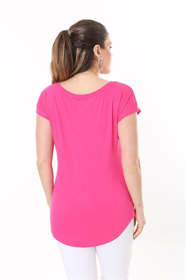 Kadın Büyük Beden Neon Pembe Bisiklet Yakalı Düşük Kollu Bluz 65N37706