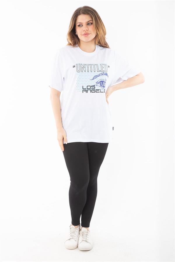 Kadın Büyük Beden Beyaz Pamuklu Kumaş Ön Baskılı Kısa Kol Bluz