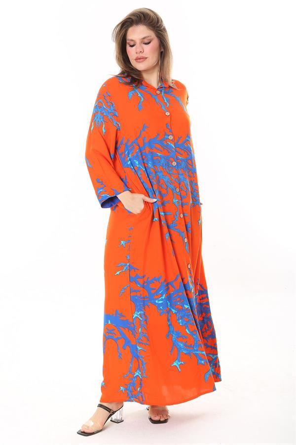 Kadın Büyük Beden Mavi Ön Boy Düğmeli Gömlek Yakalı Uzun Elbise 65N37875