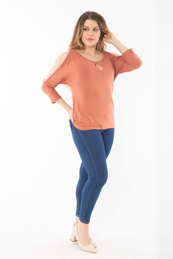 Kadın Büyük Beden Oranj Öpücük Yaka Omuz Dekolteli Uzun Kol Kollu Bluz