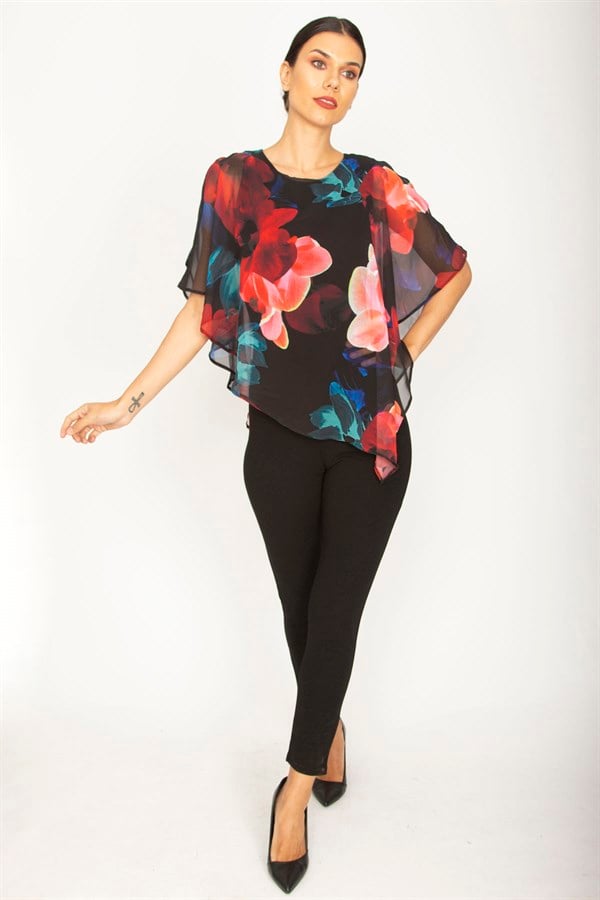 KADIN SİYAH ÜST KISMI ŞİFON PELERİN DETAYLI TULUM