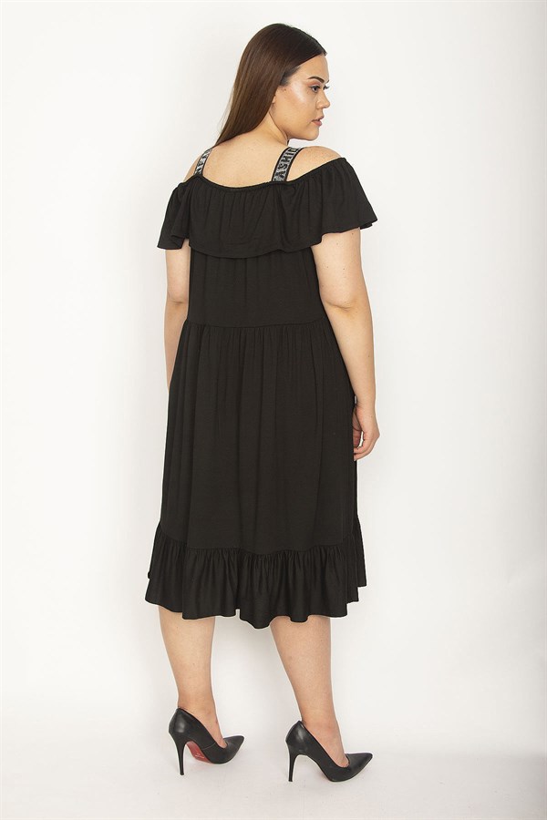 Kadın Siyah Karmen Yaka Eteği Volanlı Askılı Elbise 65N26476