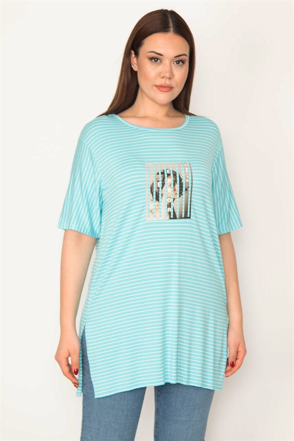 KADIN MAVİ DİJİTAL BASKILI ÇİZGİLİ YAN YIRTMAÇLI BLUZ