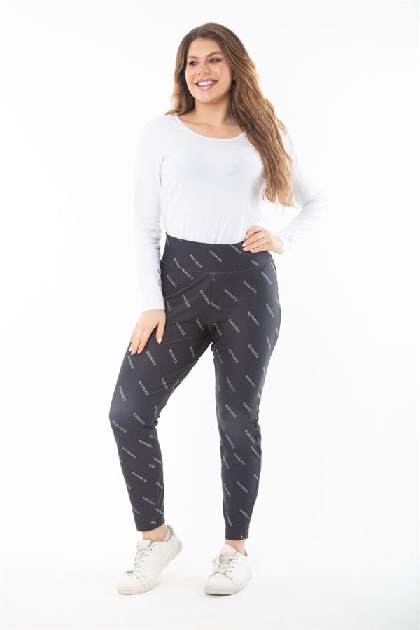 Kadın Büyük Beden Siyah Deri Görünümlü Bel Lastikli Spor Pantolon 65N37311