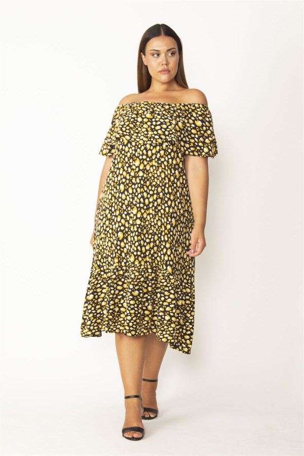 Kadın Kırmızı Yakası Lastik Ve Volan Detaylı Etek Ucu Katlı Dokma Viskon Kumaş Elbise 65N28546