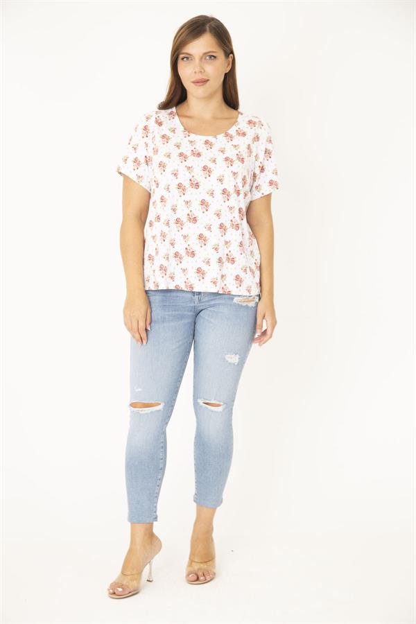 Kadın Büyük Beden Kemik Pamuk Kumaş Bisiklet Yakalı Desenli Bluz 65N36922