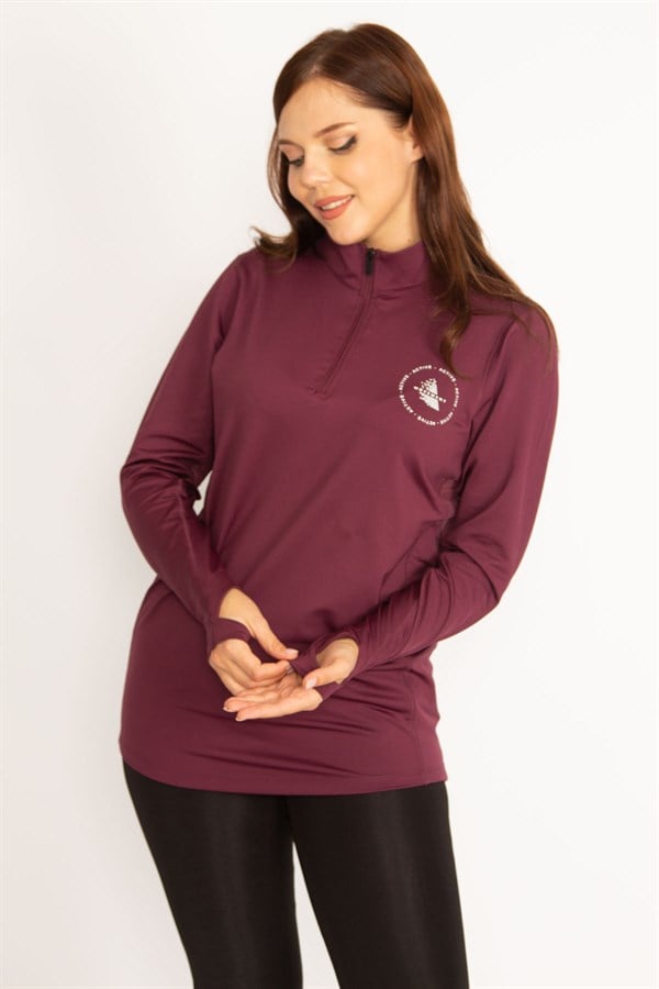 Kadın Bordo Ön Pat Fermuarlı Kol Altı Tül Detaylı Spor Sweatshirt 65N34762