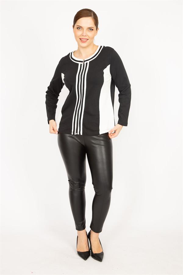Kadın Siyah Büyük Beden Ön Fermuarlı Astarsız Spor Ceket