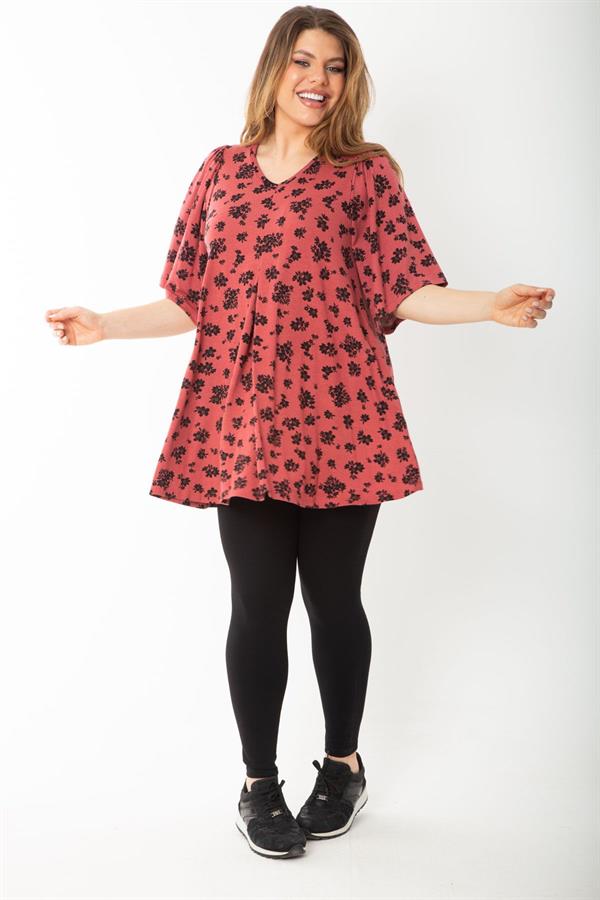 Kadın Büyük Beden Oranj Önü A Pileli V Yakalı Bluz 65N37663