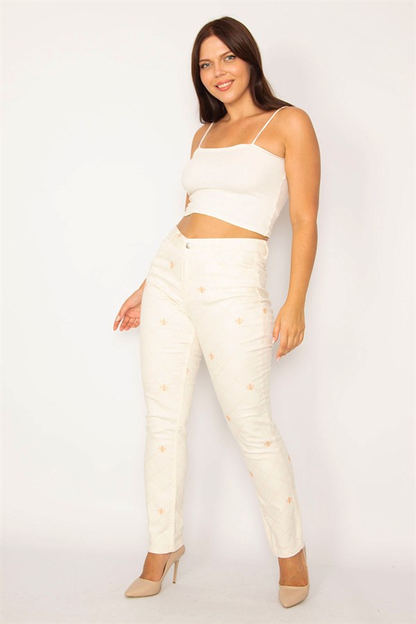 Kadın Bej Ekose Baskılı Likralı 5 Cepli Kot Pantolon 26A34151