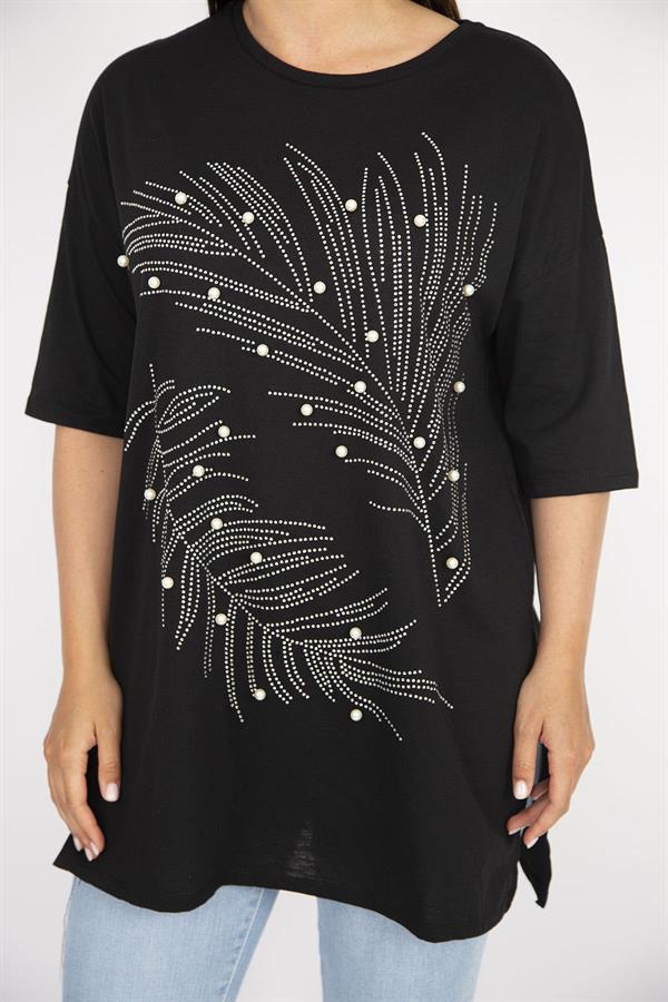 Kadın Büyük Beden Siyah Taş Ve İnci İşli Bisiklet Yakalı Yan Yırtmaçlı Bluz