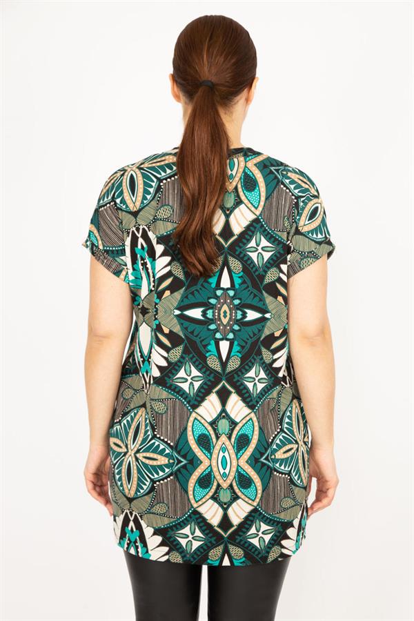 Kadın Yeşil Büyük Beden V Yaka Yan Cepli Düşük Kollu Tunik