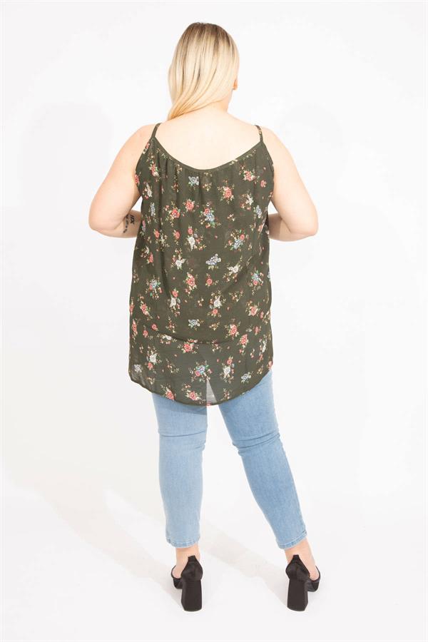 Kadın Haki Büyük Beden Şifon Kumaş Askılı Önü Katlı Bluz 65N35663